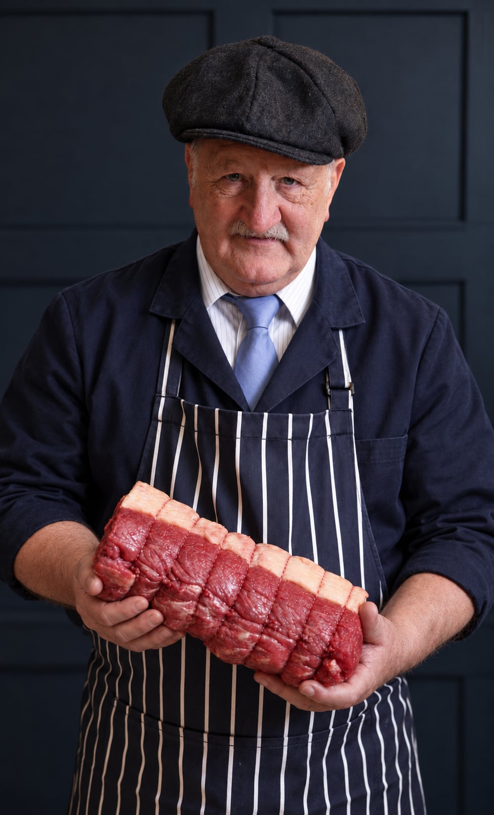 Barry at Midland Foods, wearing a striped apron and holding a prepared beef joint