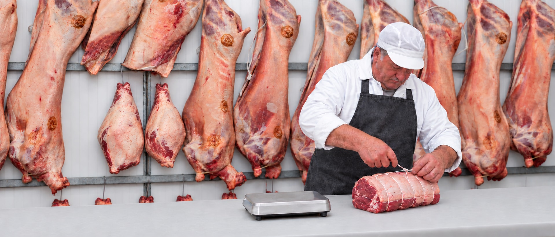 A Midland Foods butcher preparing beef at the cutting bench